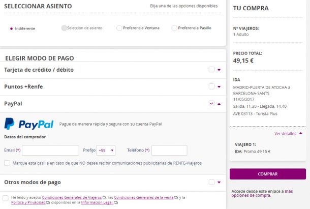 Assento e Meio de pagamento Renfe Assento e Meio de pagamento Renfe