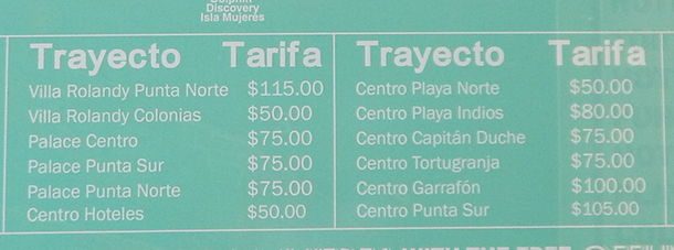 Preço Tarifas Táxi Isla Mujeres