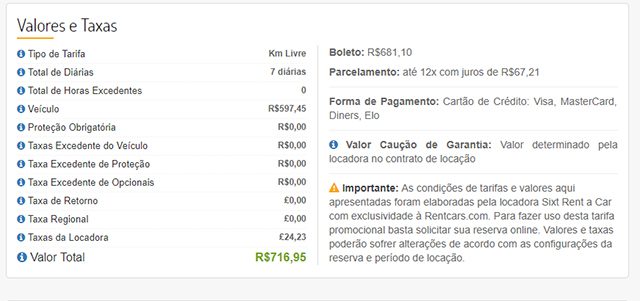 Rentcars Valores e Taxas Rentcars Valores e Taxas