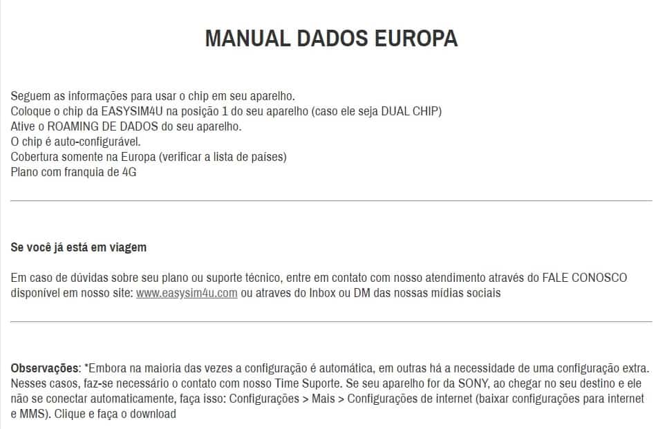Manual Chip Internacional Easysim4u Dados Europa