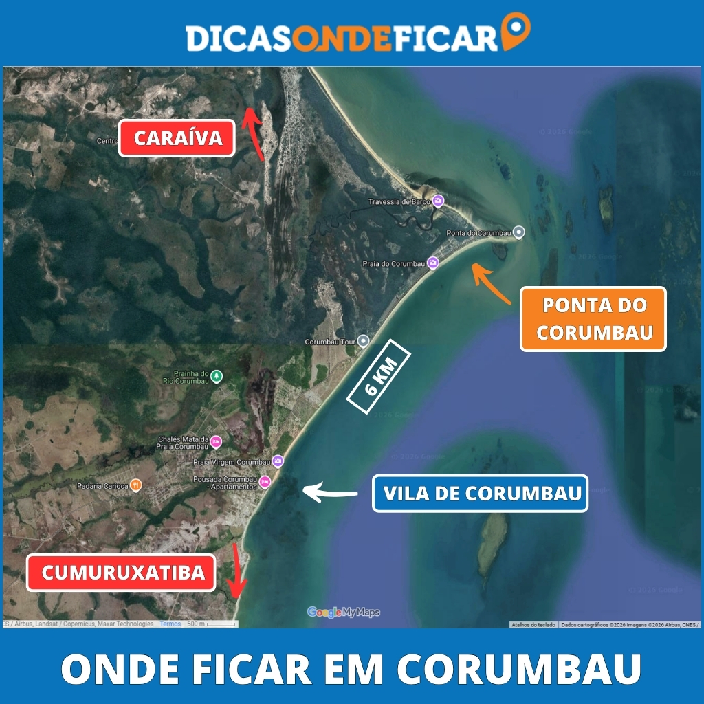 Mapa ilustrado com as melhores áreas para se hospedar em Corumbau, divididas entre a Vila e a Ponta. Mapa ilustrado com as melhores áreas para se hospedar em Corumbau, divididas entre a Vila e a Ponta.