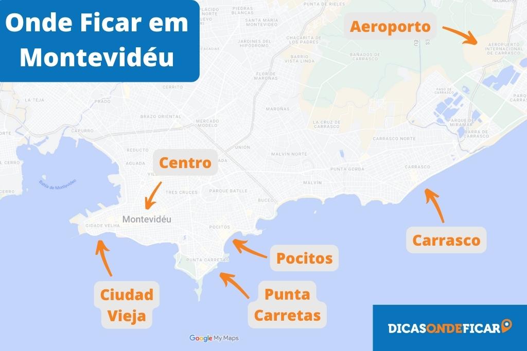 Onde ficar em Montevidéu - Uruguai: mapa com os principais bairros para se hospedar.