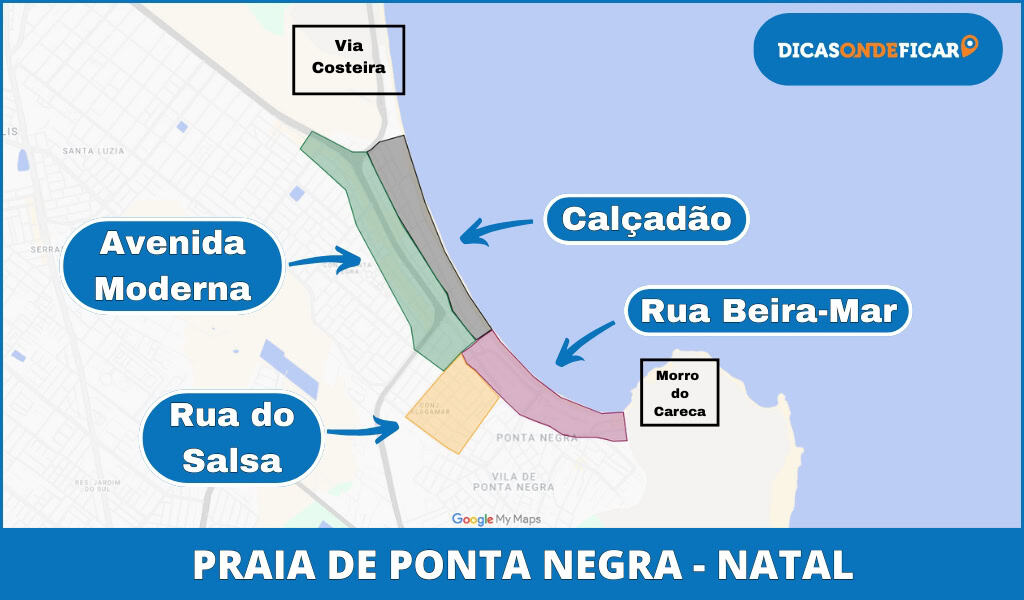 Mapa com as principais áreas para se hospedar na Praia de Ponta Negra