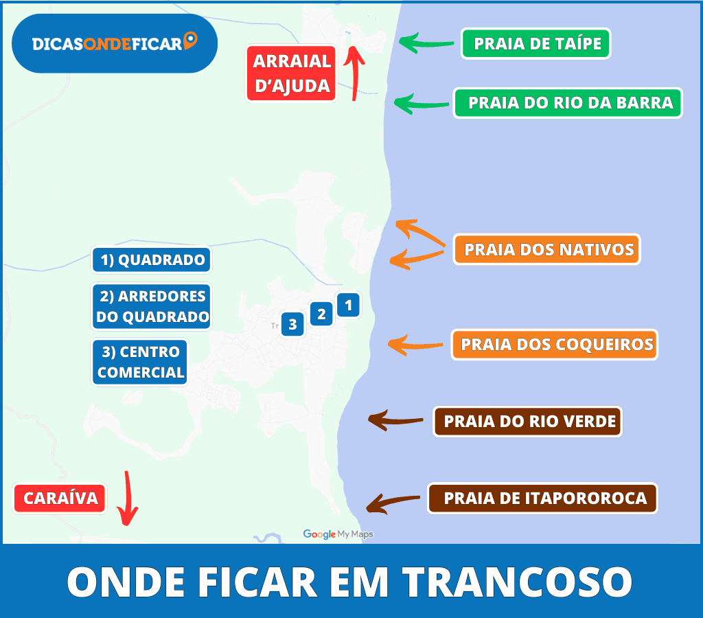 Mapa de onde ficar em Trancoso com divisão por regiões e cores: Vila de Trancoso, Praias Centrais, Praias ao Norte e Praias ao Sul Mapa de onde ficar em Trancoso com divisão por regiões e cores: Vila de Trancoso, Praias Centrais, Praias ao Norte e Praias ao Sul