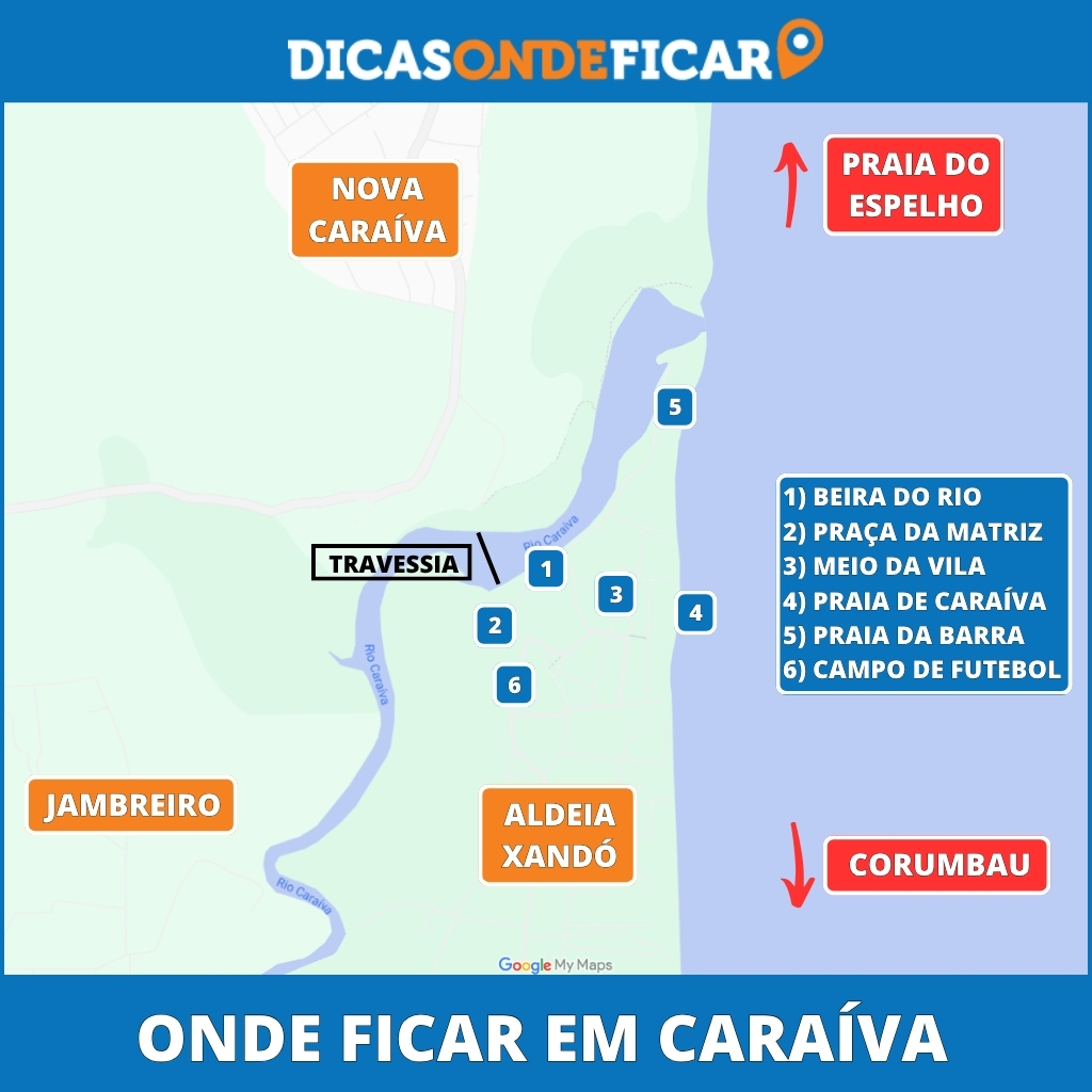 Mapa das melhores regiões onde ficar em Porto Seguro com divisão por cores: Centro, Orla Norte e Distritos ao Sul