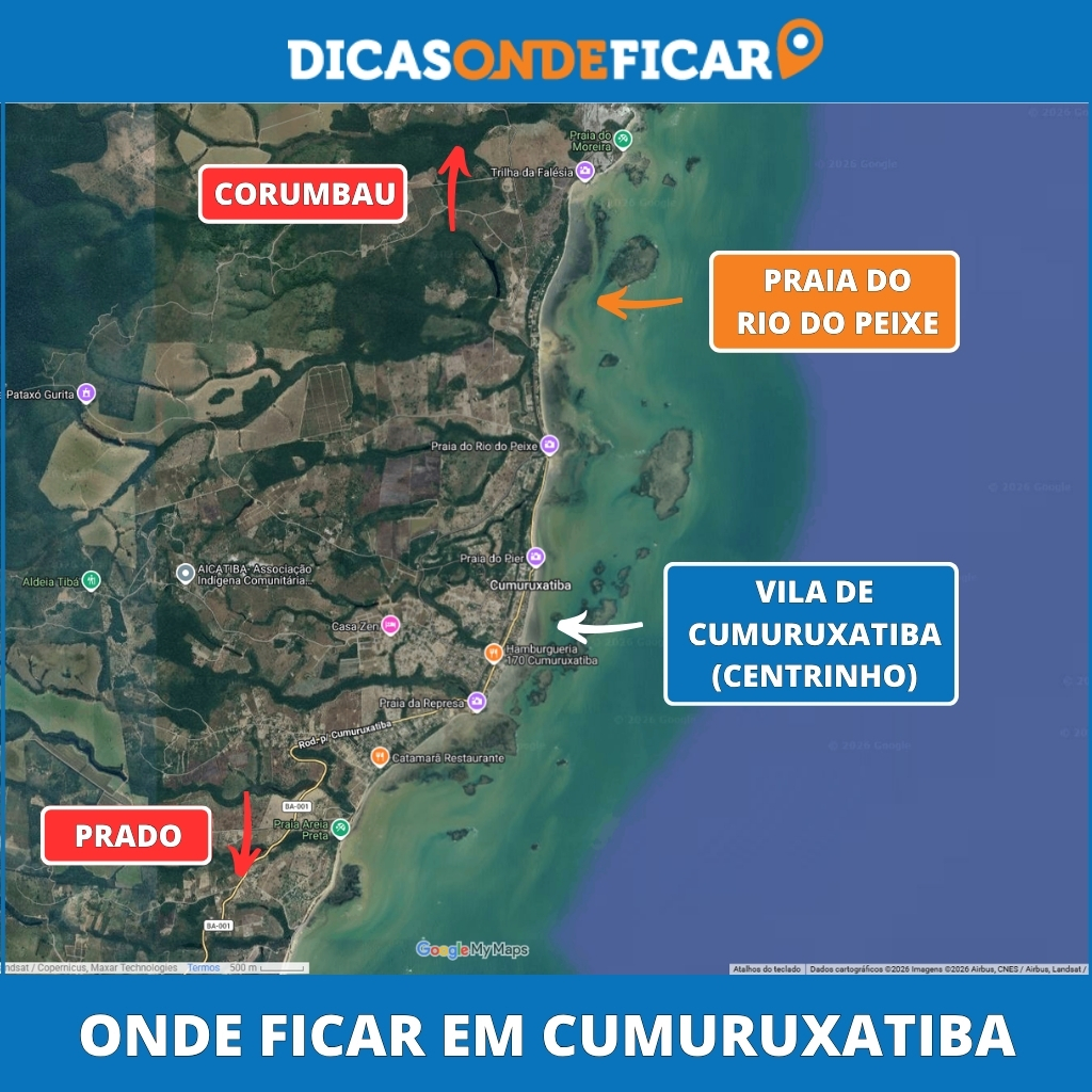 Mapa de Cumuruxatiba com as regiões de hospedagem: Vila (centrinho) e Praia do Rio do Peixe, destacando as rotas para Prado e Corumbau Mapa de Cumuruxatiba com as áreas de hospedagem: Vila (centrinho) e Praia do Rio do Peixe, destacando as rotas para Prado e Corumbau