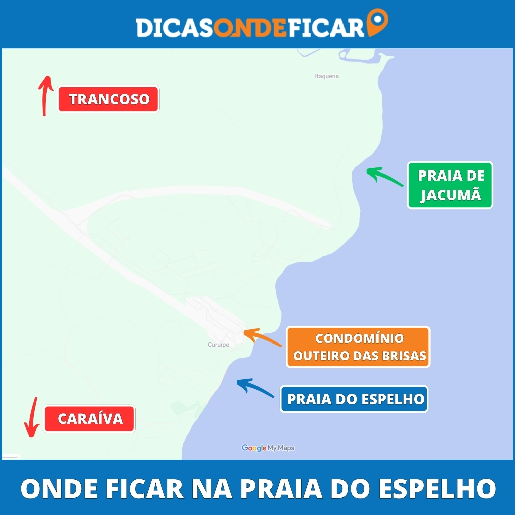 Mapa de onde ficar na Praia do Espelho destacando o vilarejo rústico, o Condomínio Outeiro das Brisas e a Praia de Jacumã Mapa de onde ficar na Praia do Espelho destacando o vilarejo rústico, o Condomínio Outeiro das Brisas e a Praia de Jacumã