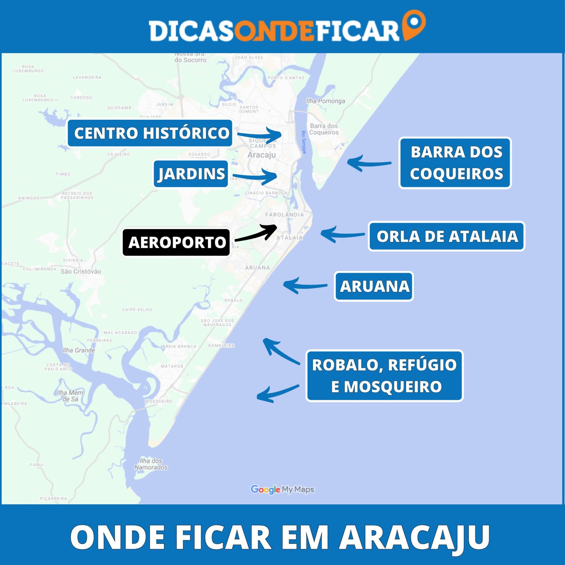 Onde ficar em Aracaju mapa dos melhores bairros e praias Mapa ilustrado mostrando a divisão geográfica de onde se hospedar em Aracaju com setas apontando para os principais bairros e praias da cidade.