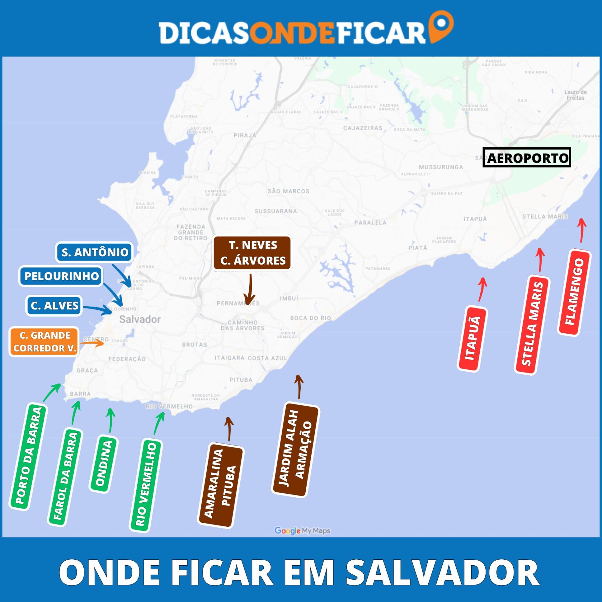 Mapa estratégico de onde se hospedar em Salvador dividindo as melhores regiões, bairros e praias por cores entre Centro Histórico, Orla Central e Orla Norte Mapa estratégico de onde se hospedar em Salvador dividindo as melhores regiões, bairros e praias por cores entre Centro Histórico, Orla Central e Orla Norte