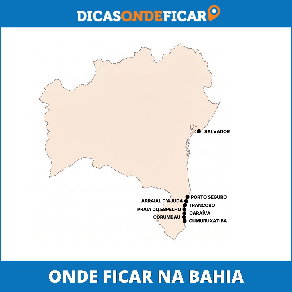Mapa de localização dos melhores destinos turísticos e praias para hospedagem no litoral da Bahia, com marcações de Salvador, Porto Seguro, Arraial d'Ajuda, Trancoso, Praia do Espelho, Caraíva, Corumbau e Cumuruxatiba. Mapa de localização dos melhores destinos turísticos e praias para hospedagem no litoral da Bahia, com marcações de Salvador, Porto Seguro, Arraial d'Ajuda, Trancoso, Praia do Espelho, Caraíva, Corumbau e Cumuruxatiba.