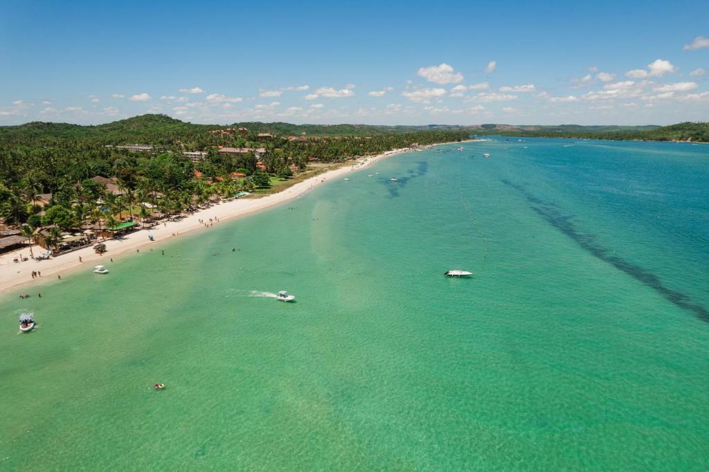 Lado Rio - Praia dos Carneiros - Tamandaré - Pernambuco Vista aérea do Lado Rio da Praia dos Carneiros, com águas esverdeadas, coqueirais e a foz do Rio Formoso ao fundo.