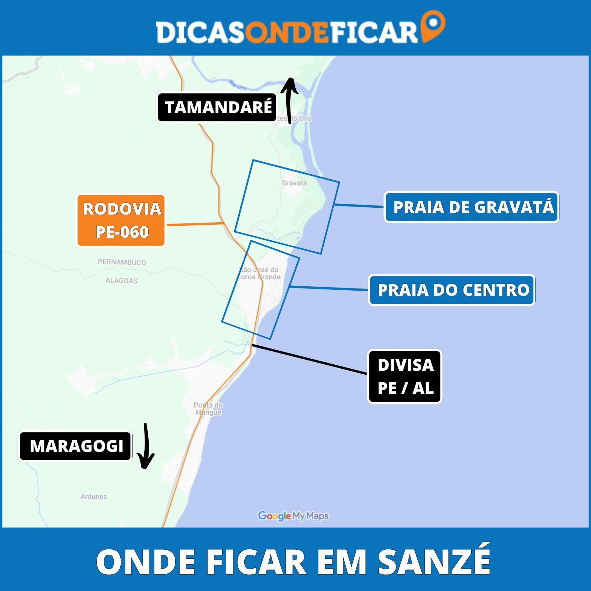 Mapa Onde Ficar em São José da Coroa Grande Mapa geográfico delimitando as regiões para se hospedar entre a Praia do Centro e a Praia de Gravatá em São José da Coroa Grande, mostrando o acesso pela Rodovia PE-060, além da divisa de Pernambuco com Alagoas.