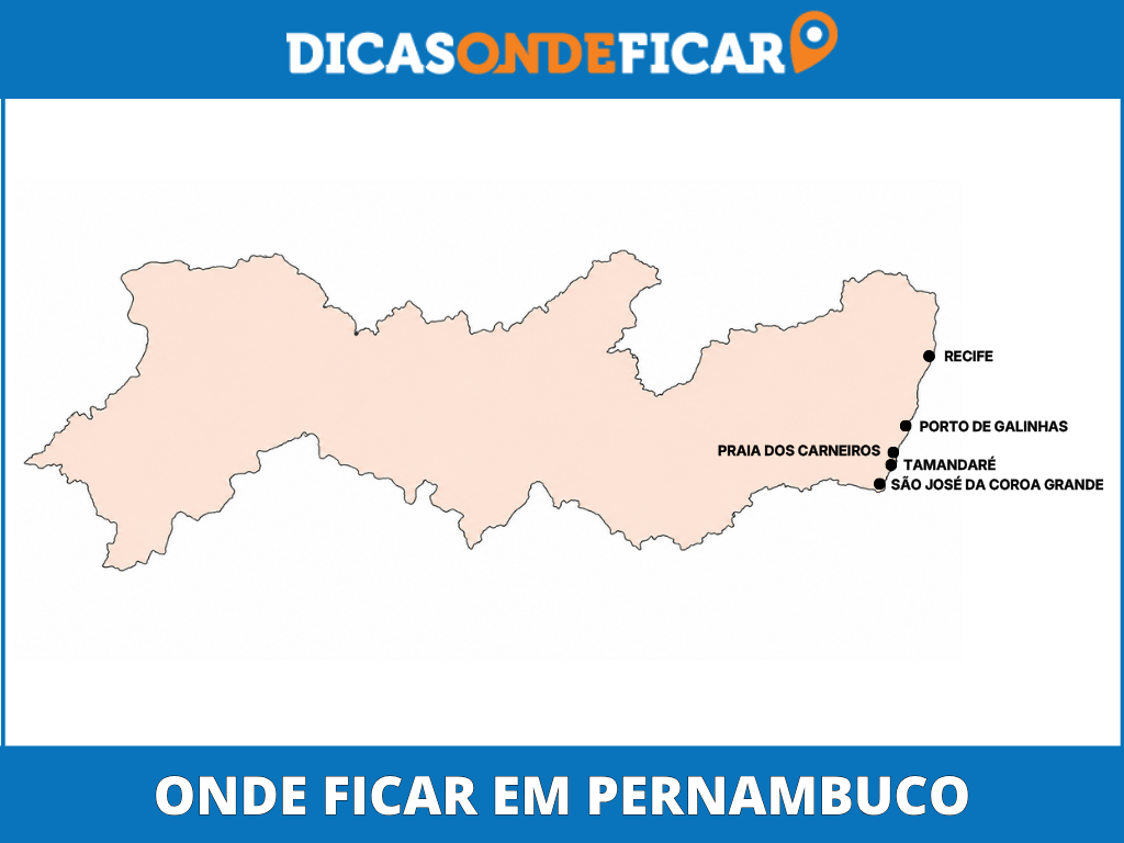 Mapa Onde Ficar em Pernambuco Mapa de Pernambuco com a localização de Recife, Porto de Galinhas, Praia dos Carneiros, Tamandaré e São José da Coroa Grande.