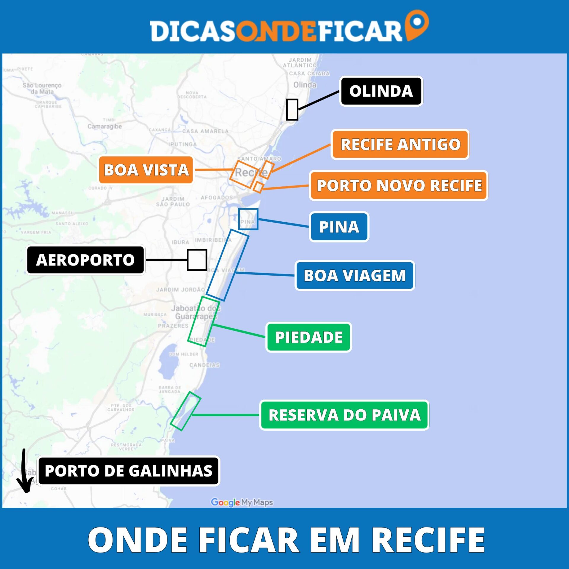 Mapa Onde Ficar em Recife - Pernambuco - Melhores Praias e Bairros
